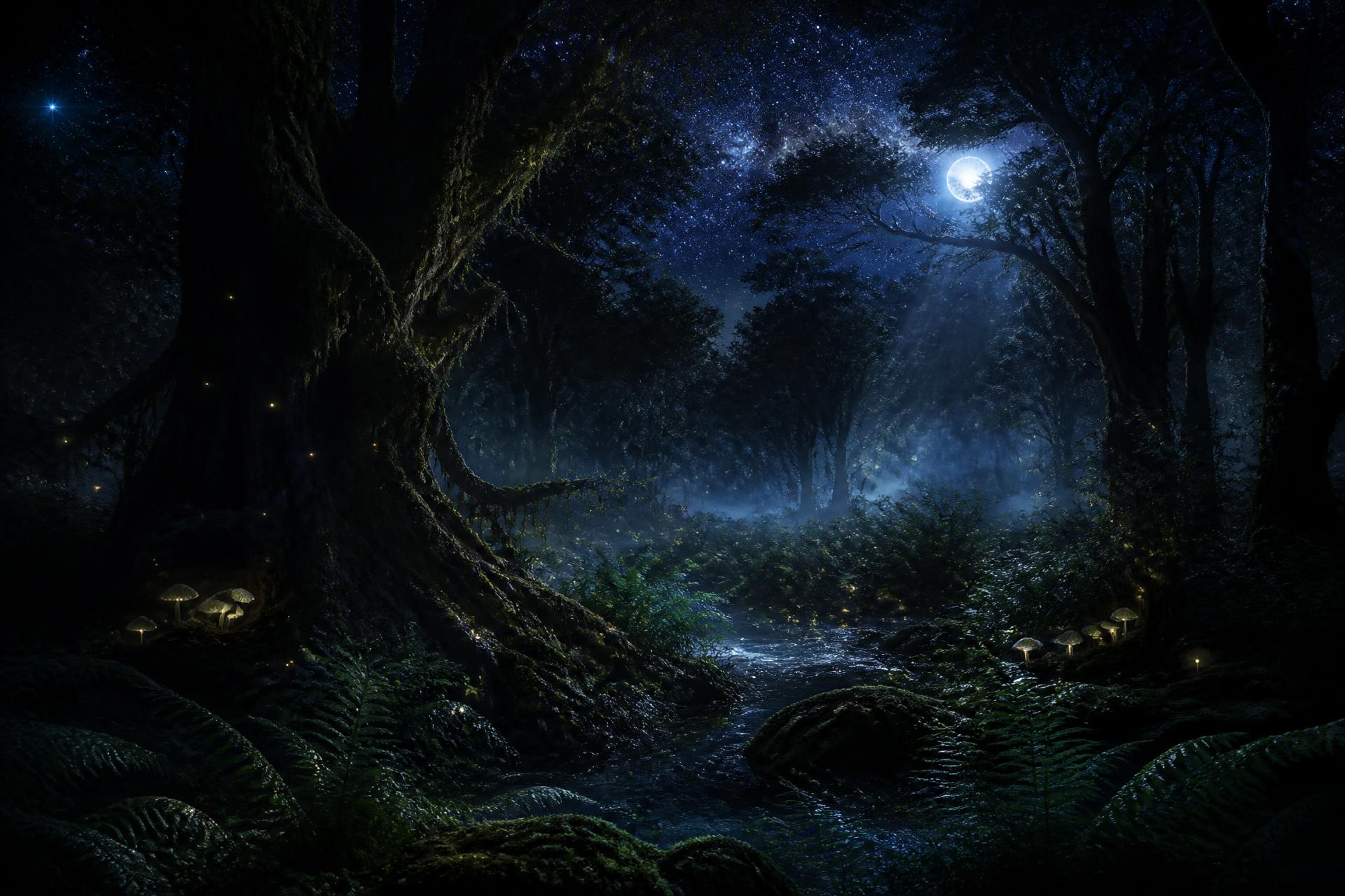 Clairière de forêt enchantée au clair de lune, fougères et champignons lumineux